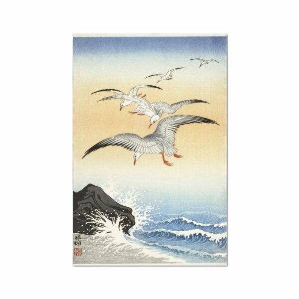 Five seagulls above turbulent sea by Ohara Koson Animals Arts Vale